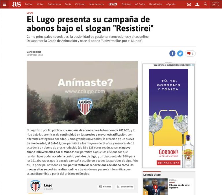 AS: «El Lugo presenta su campaña de abonos bajo el slogan Resistirei»