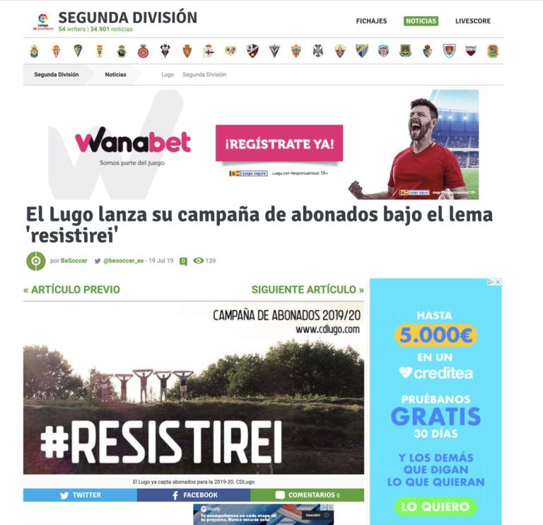 BeSoccer: «El Lugo lanza su campaña de abonados bajo el lema Resistirei»